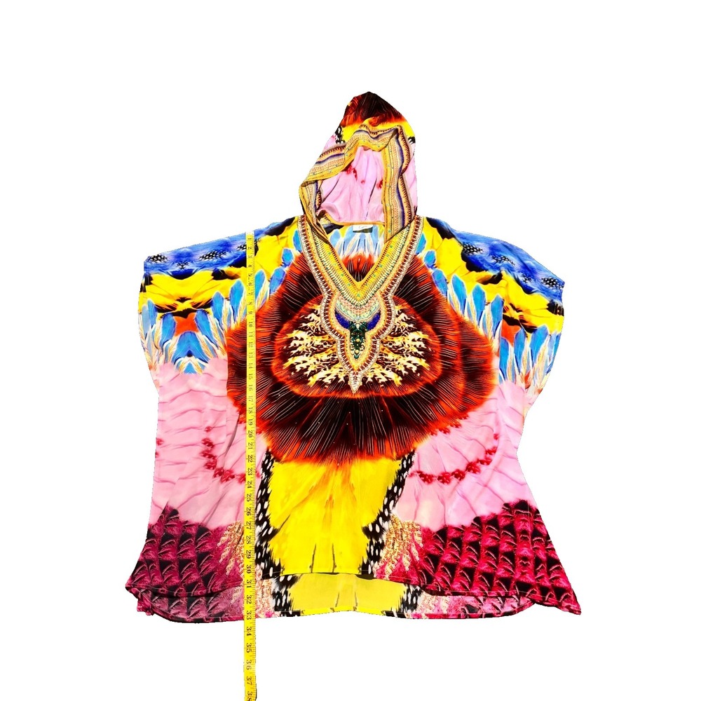 CAMILLA Beaded Hooded Silk Kaftan Tunic Top Silk Boho Luxe Vibrant Color $850 - Picture 3 of 8